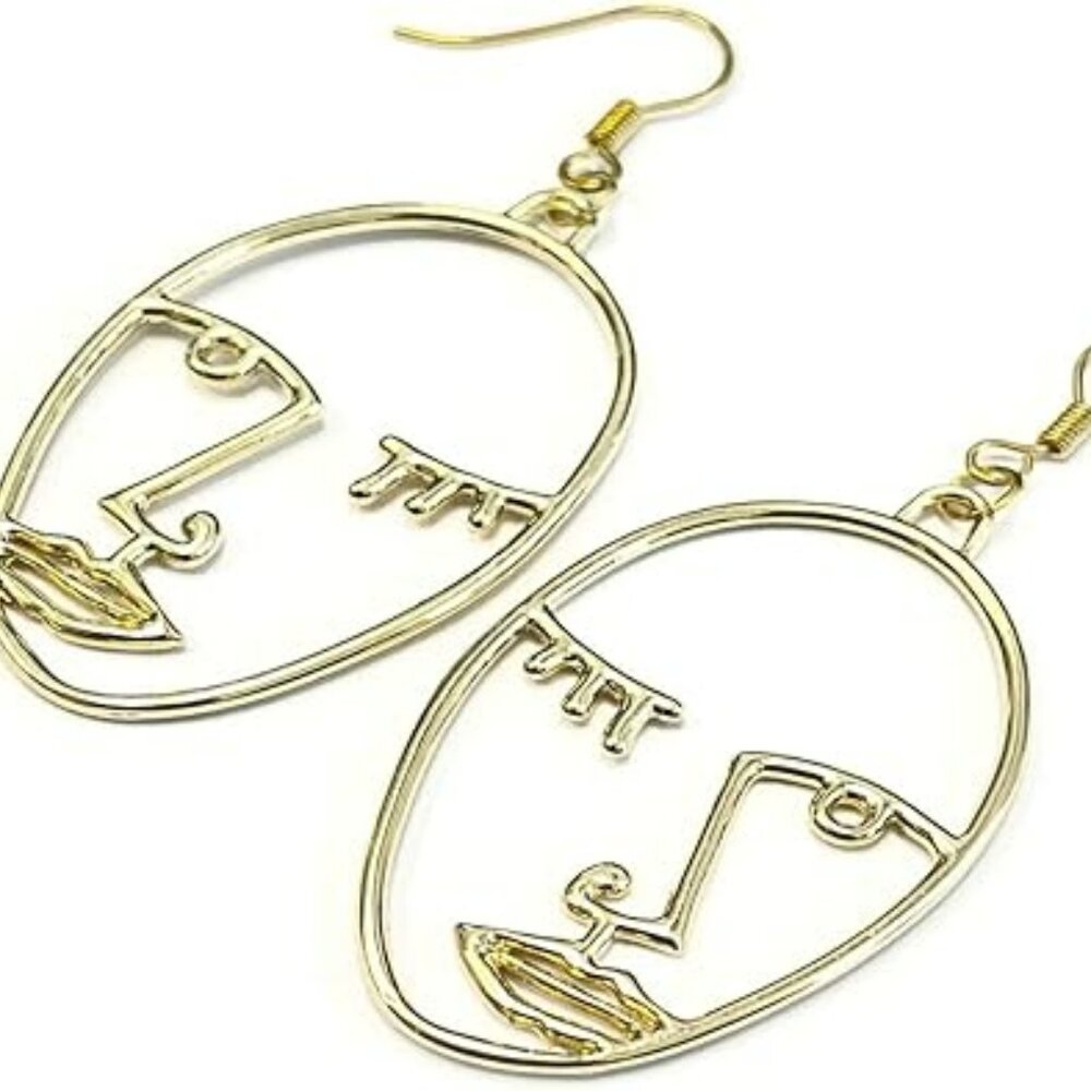 Gold Face Shaped Geometric Earring Abstract Alloy Hollowed Standout Set Classy